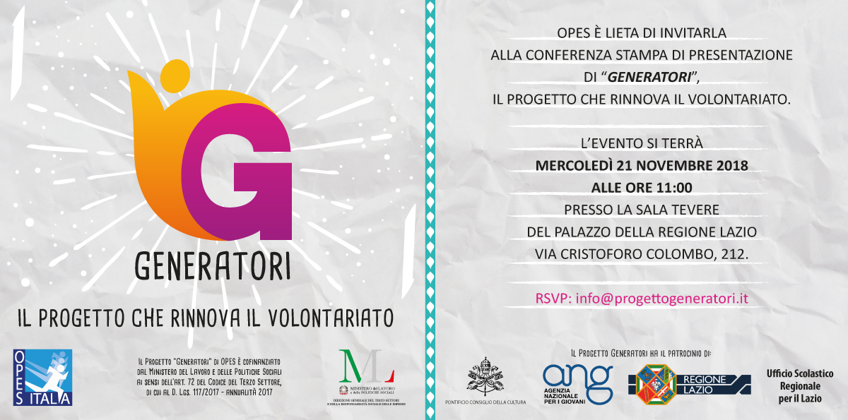Scopri di più sull'articolo Progetto Generatori, mercoledì 21 novembre la conferenza stampa di presentazione alla Regione Lazio