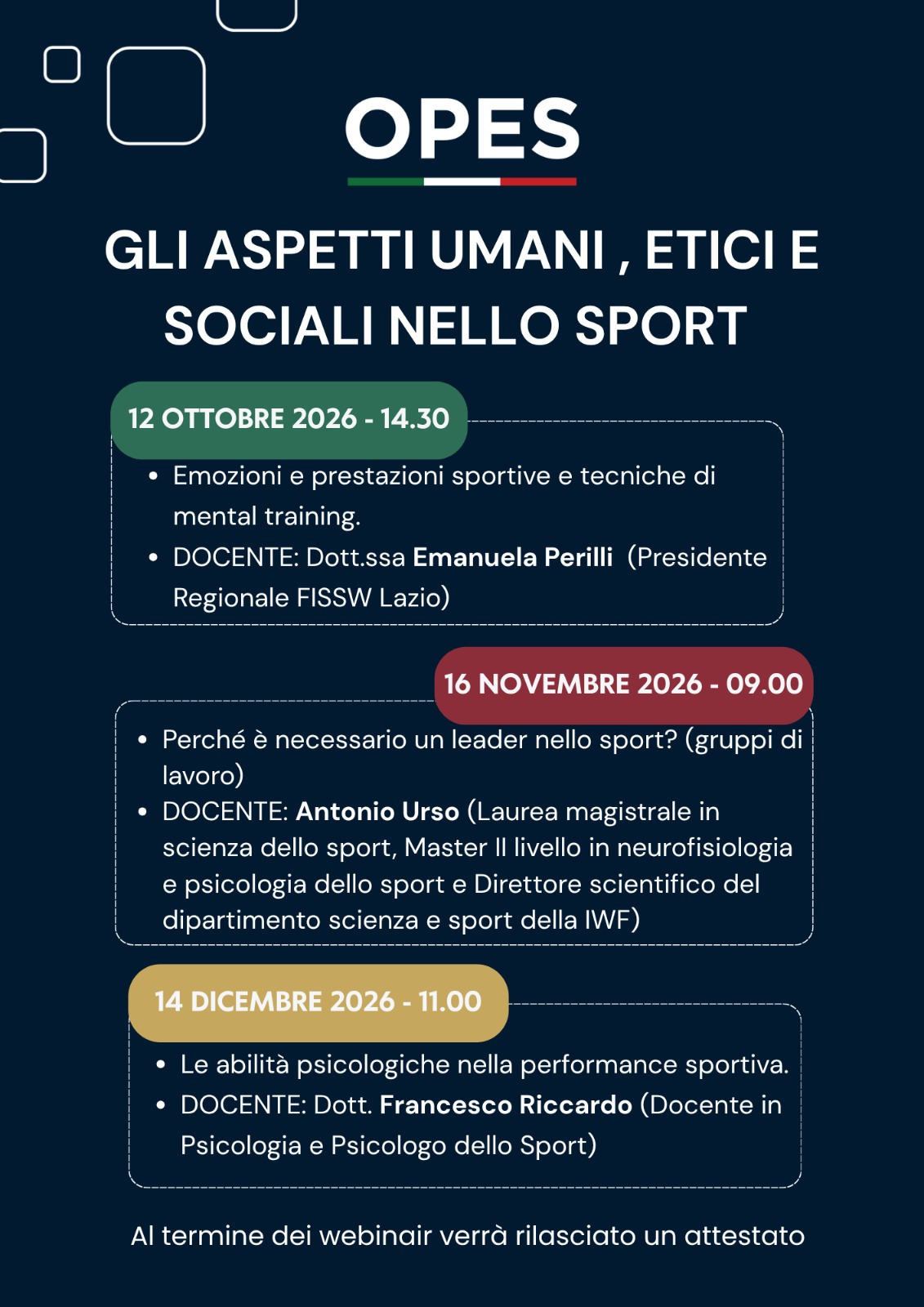 "Gli aspetti umani, etici e sociali nello sport": in arrivo un nuovo ciclo di 6 webinar